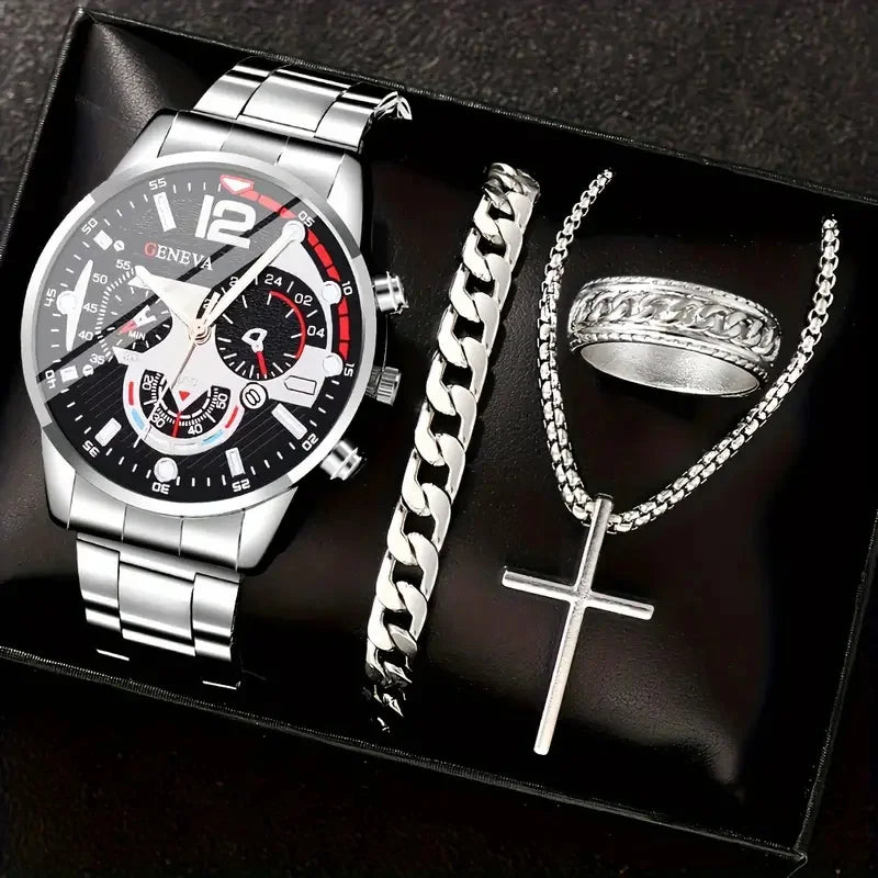 Relógio Clássico Romano + Pulseira + Corrente + Anel.