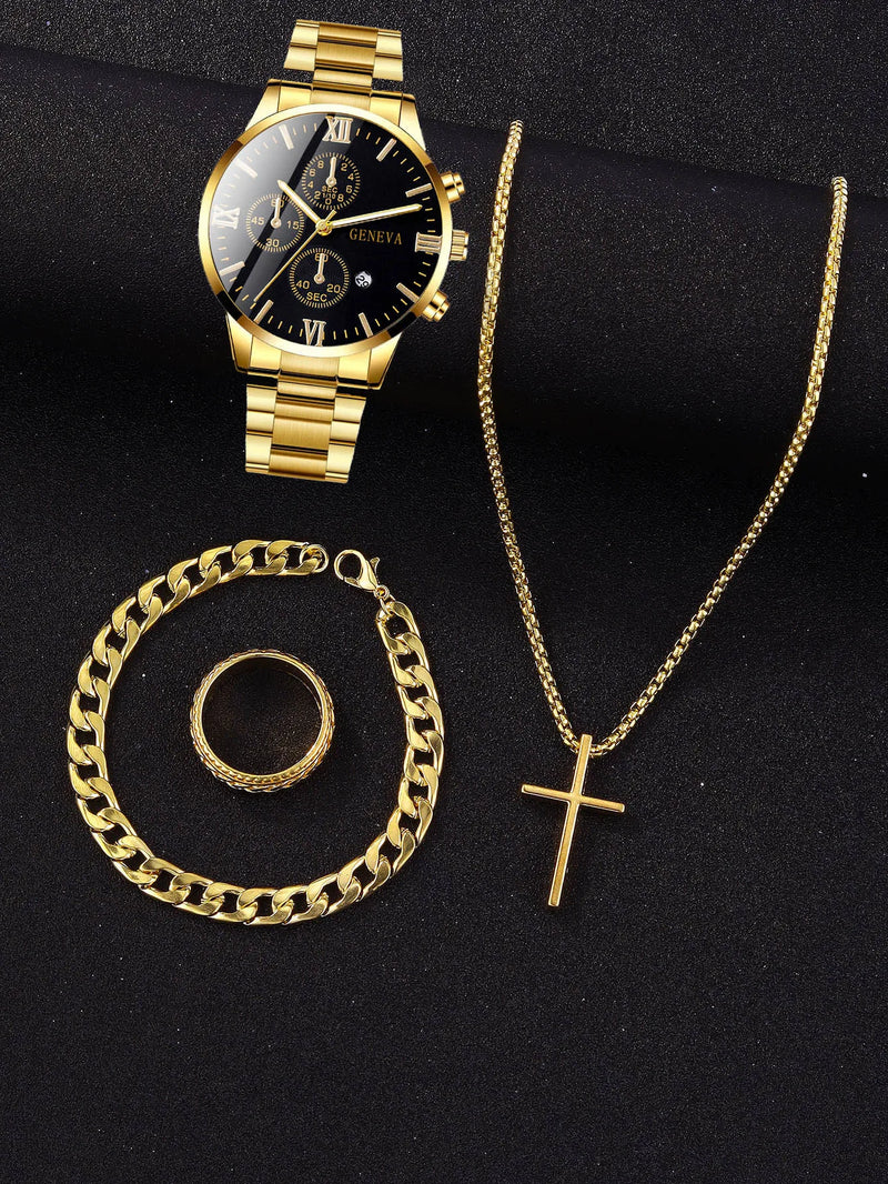 Relógio Clássico Romano + Pulseira + Corrente + Anel.