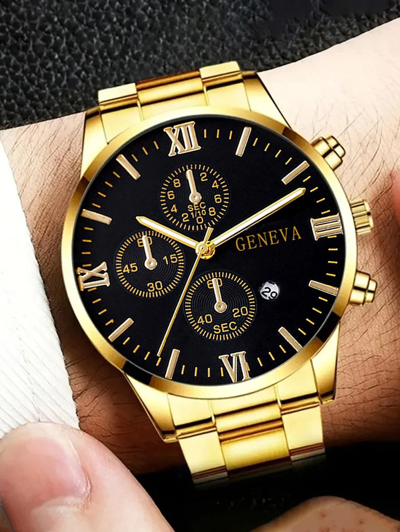Relógio Clássico Romano + Pulseira + Corrente + Anel.
